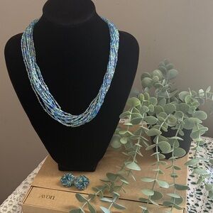 Vintage Avon Genuine Glass Bead | Sea-Tones & Silver Necklace & Earring Set 310